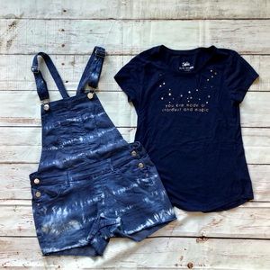 Girls two piece Summer outfit, t-shirt and denim overalls  from Justice size 16.